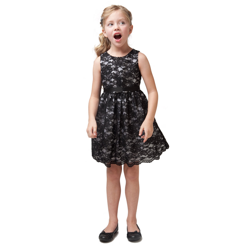 BLACK SIMPLE CLASSIC LACE GIRL DRESS WITH SATIN RIBBON