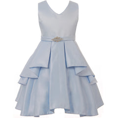 V-NECK SOLID DULL SATIN RUFFLE PLEATED OVERLAY GIRL DRESS