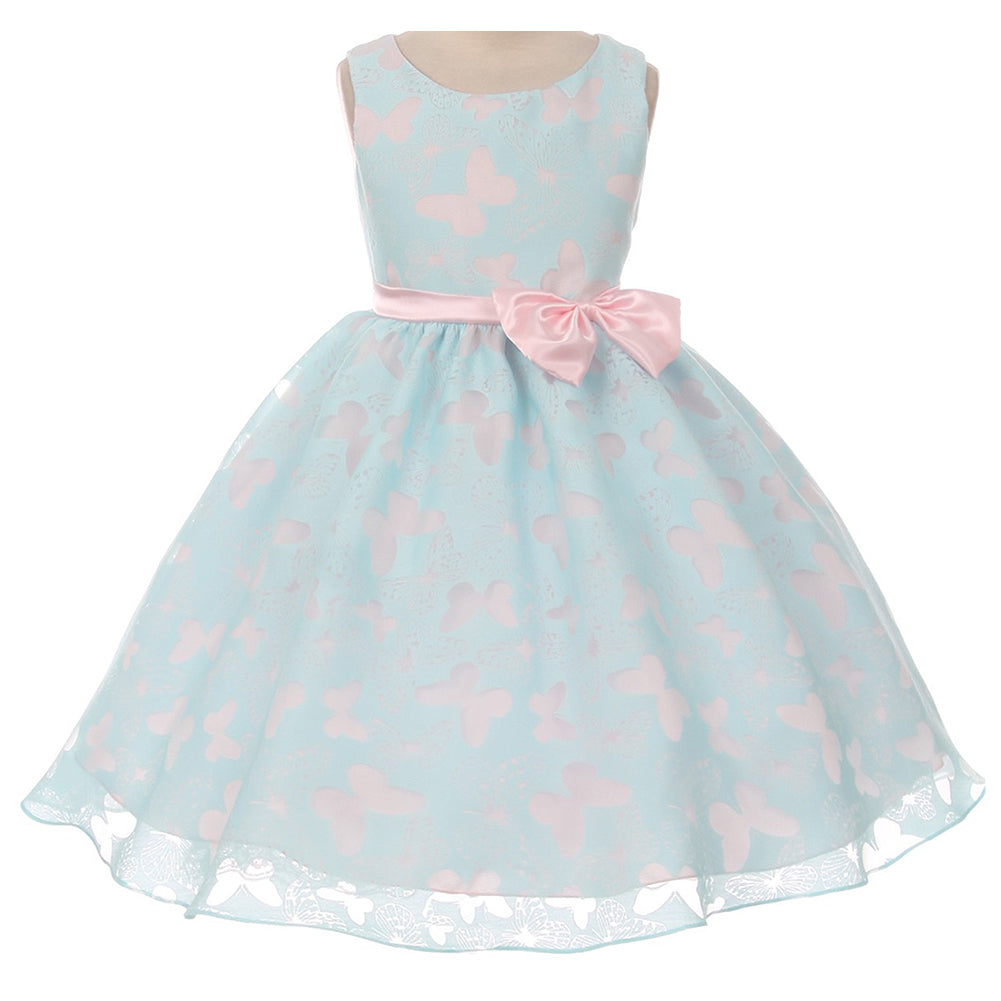 BUTTERFLY DESIGN TWO TONE ORGANZA DRESS WITH SATIN BOW AND SASH