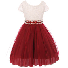 CAP SLEEVE LACE TOP TULLE SKIRT WITH RHINESTONES BELT