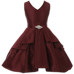 V-NECK SOLID DULL SATIN RUFFLE PLEATED OVERLAY GIRL DRESS