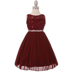 Sequin Lace Double Chiffon Sleeveless Rhinestone Belt Girls Dress