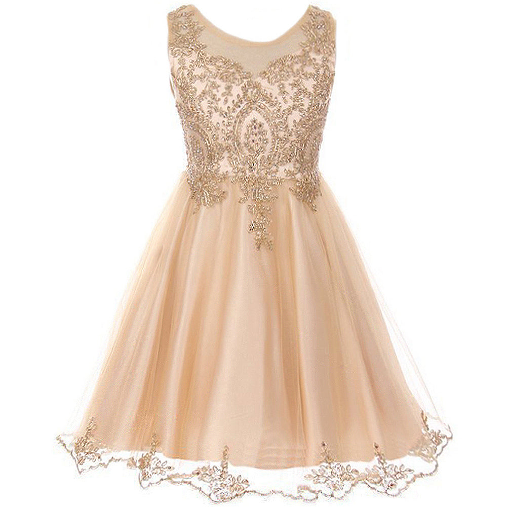 GOLD CORDED MESH WITH RHINESTONE ON BODICE TULLE OVERLAY SATIN DRESS