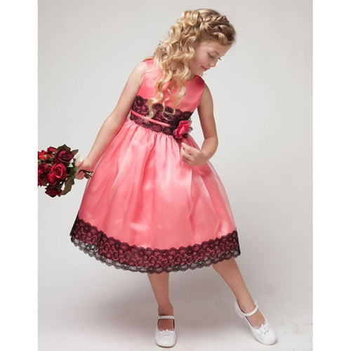 BLACK LACE TRIM ORGANZA OVERLAY SATIN GIRL DRESS WITH FLOWER BROOCH