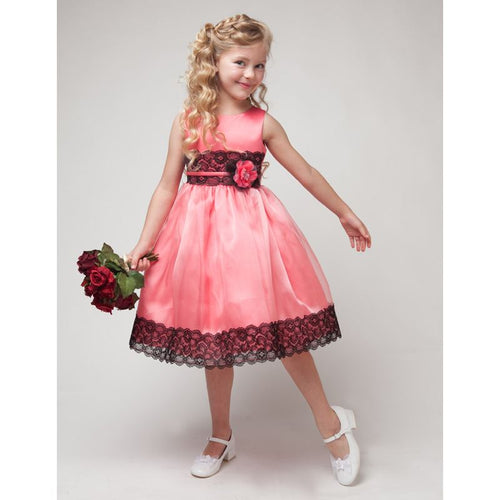 BLACK LACE TRIM ORGANZA OVERLAY SATIN GIRL DRESS WITH FLOWER BROOCH