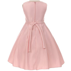 V-NECK SOLID DULL SATIN RUFFLE PLEATED OVERLAY GIRL DRESS