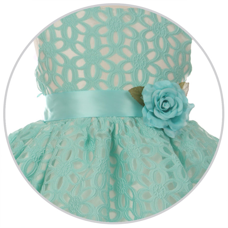 Embroidered Eyelet Lace with Satin Sash and Flower Pin Girl Dress