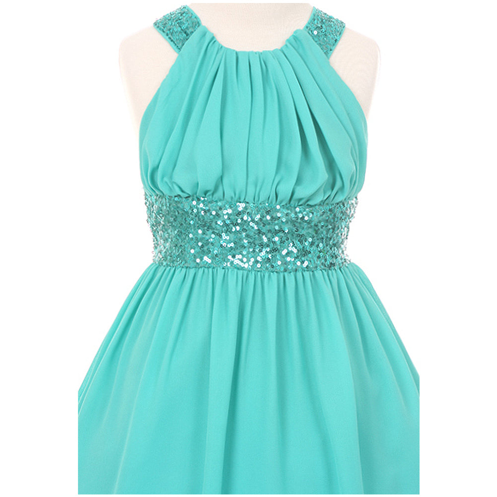 CHIFFON DRESS WITH SEQUINS ON WAISTBAND AND CROSS BACK BODICE