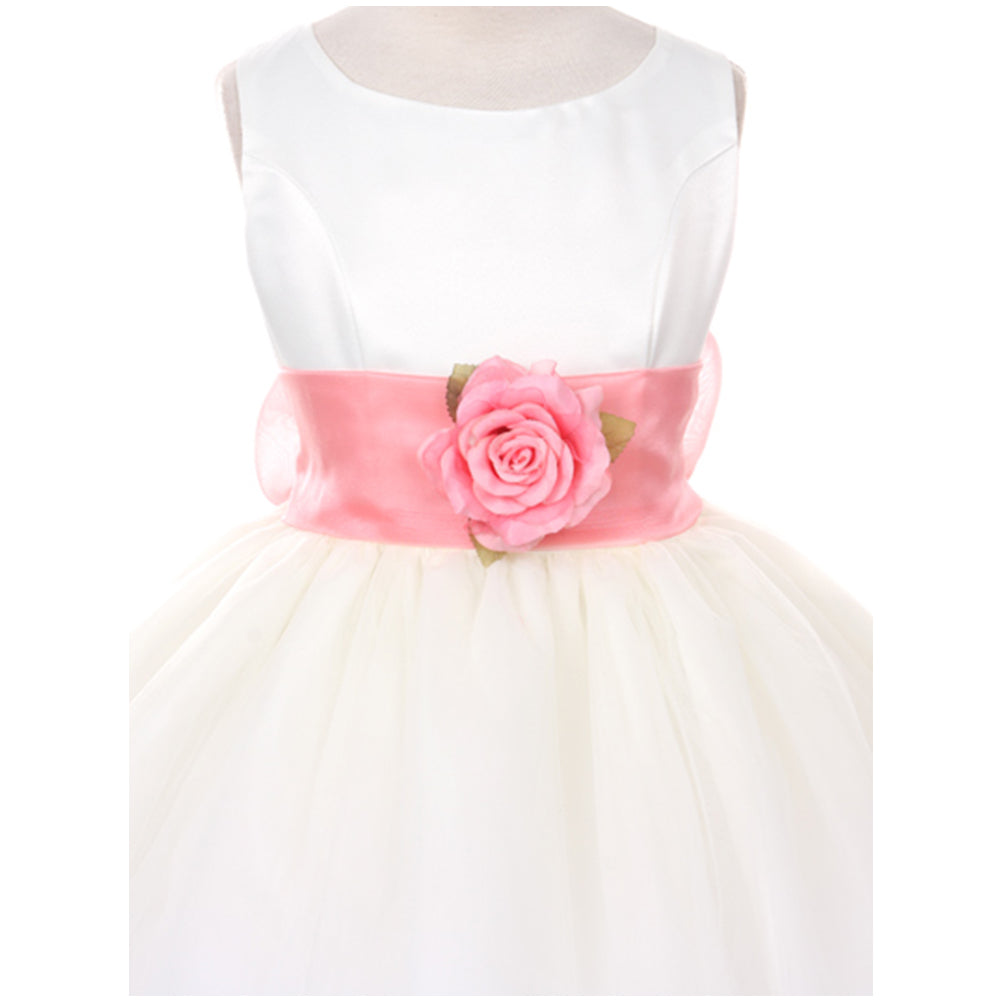 CLASSIC WHITE DRESS WITH FLOATING PETALS ORGANZA SASH AND WAIST FLOWER