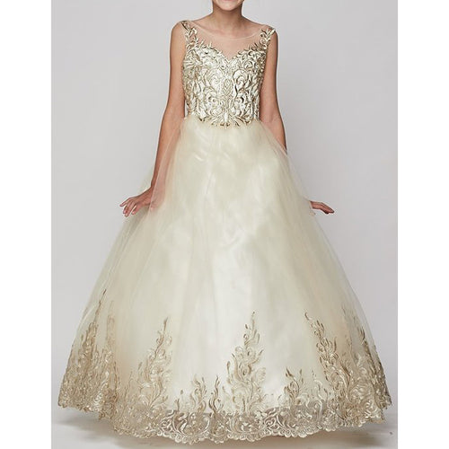GOLD SATIN CORDED EMBROIDERY TULLE OVERLAY SATIN SKIRT LONG GOWN