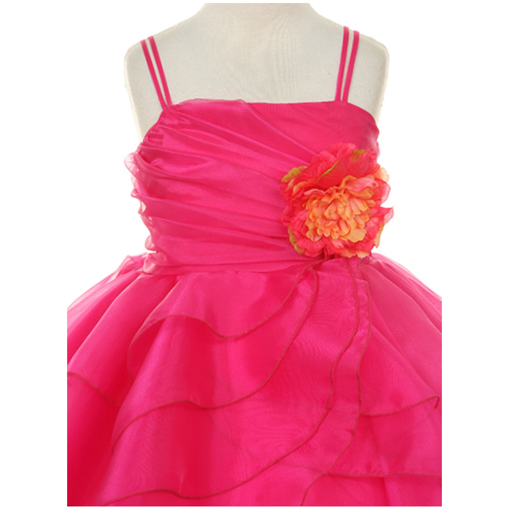 ASYMETRIC LAYERED RUFFLED DRESS WITH MATCHING SCARF AND FLOWER CORSAGE