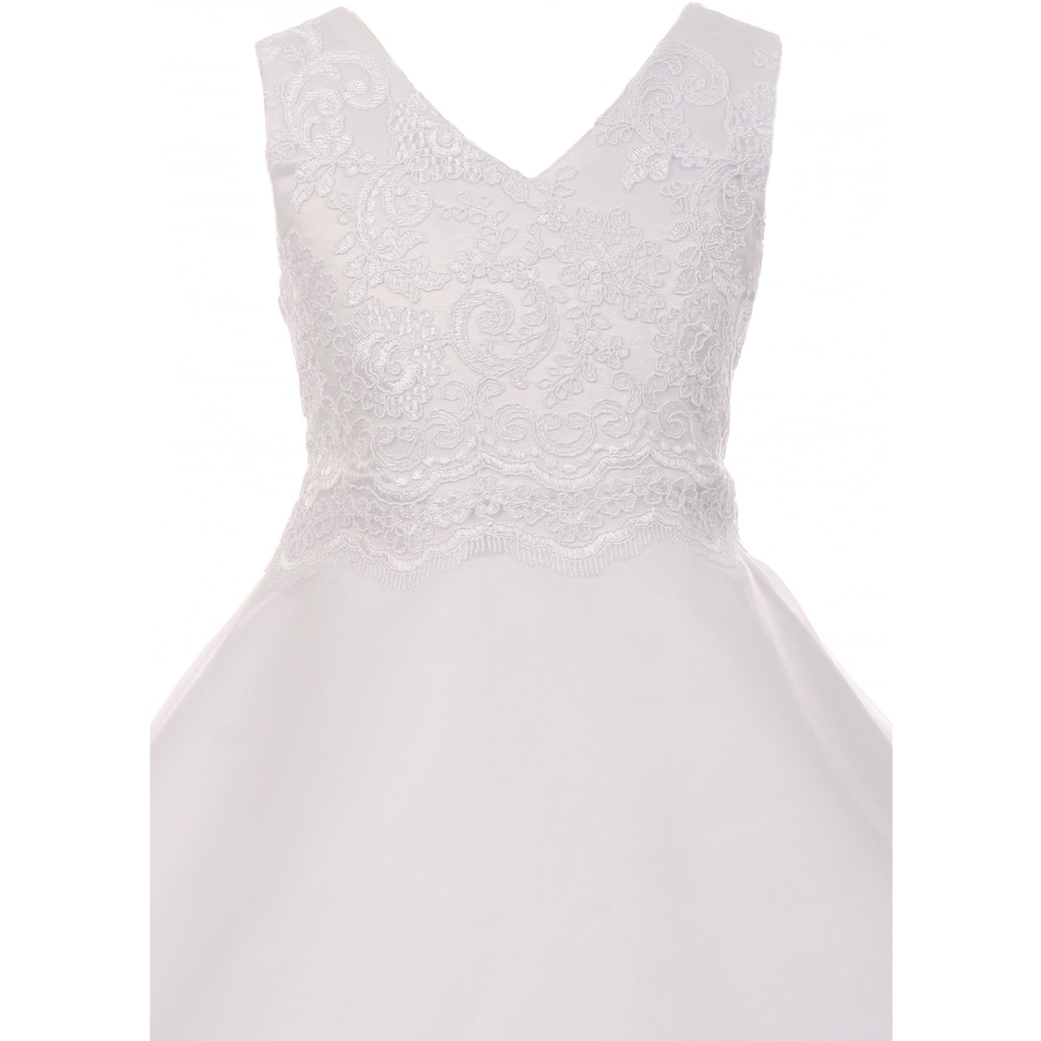 FULL LENGTH DRESS WITH LACE APPLIQUE ON SATIN BODICE