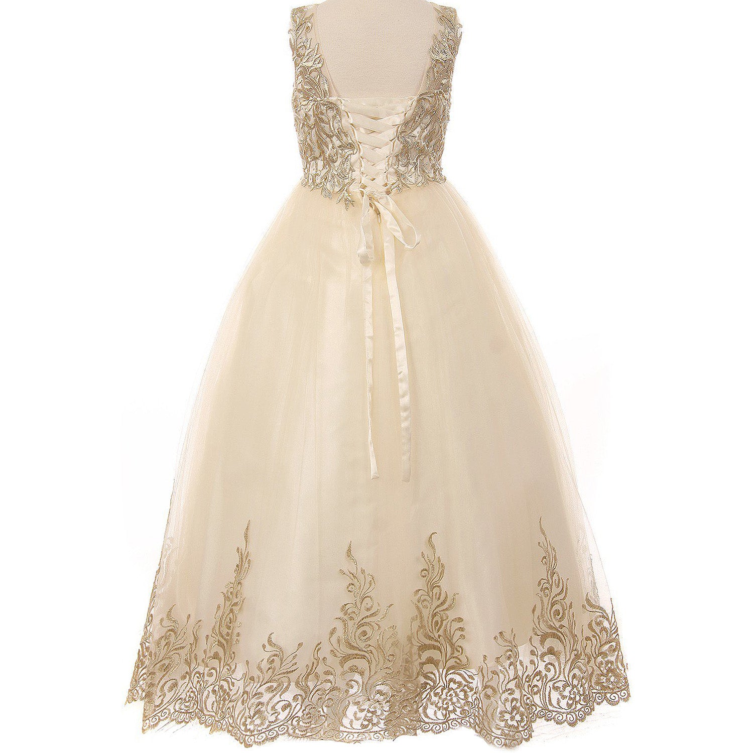 GOLD SATIN CORDED EMBROIDERY TULLE OVERLAY SATIN SKIRT LONG GOWN