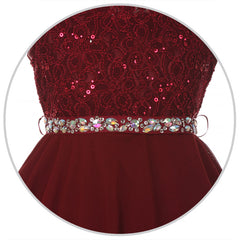 Sequin Lace Double Chiffon Sleeveless Rhinestone Belt Girls Dress
