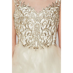 GOLD SATIN CORDED EMBROIDERY TULLE OVERLAY SATIN SKIRT LONG GOWN