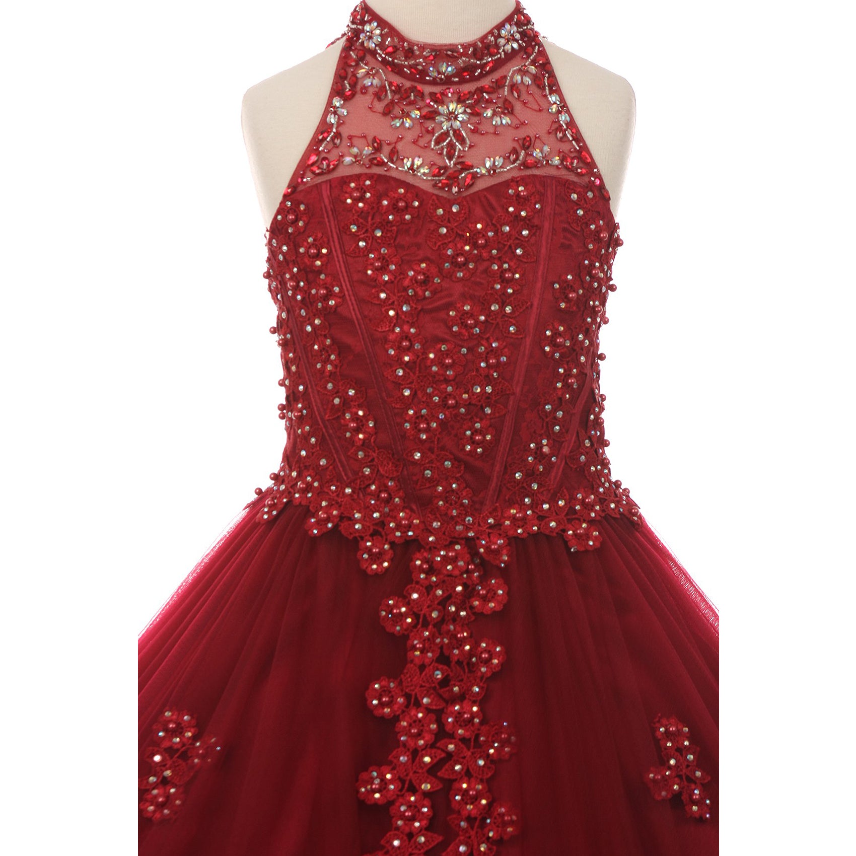 FULL LENGTH HALTER NECK DRESS WITH RHINESTONES AND PEARLS BODICE