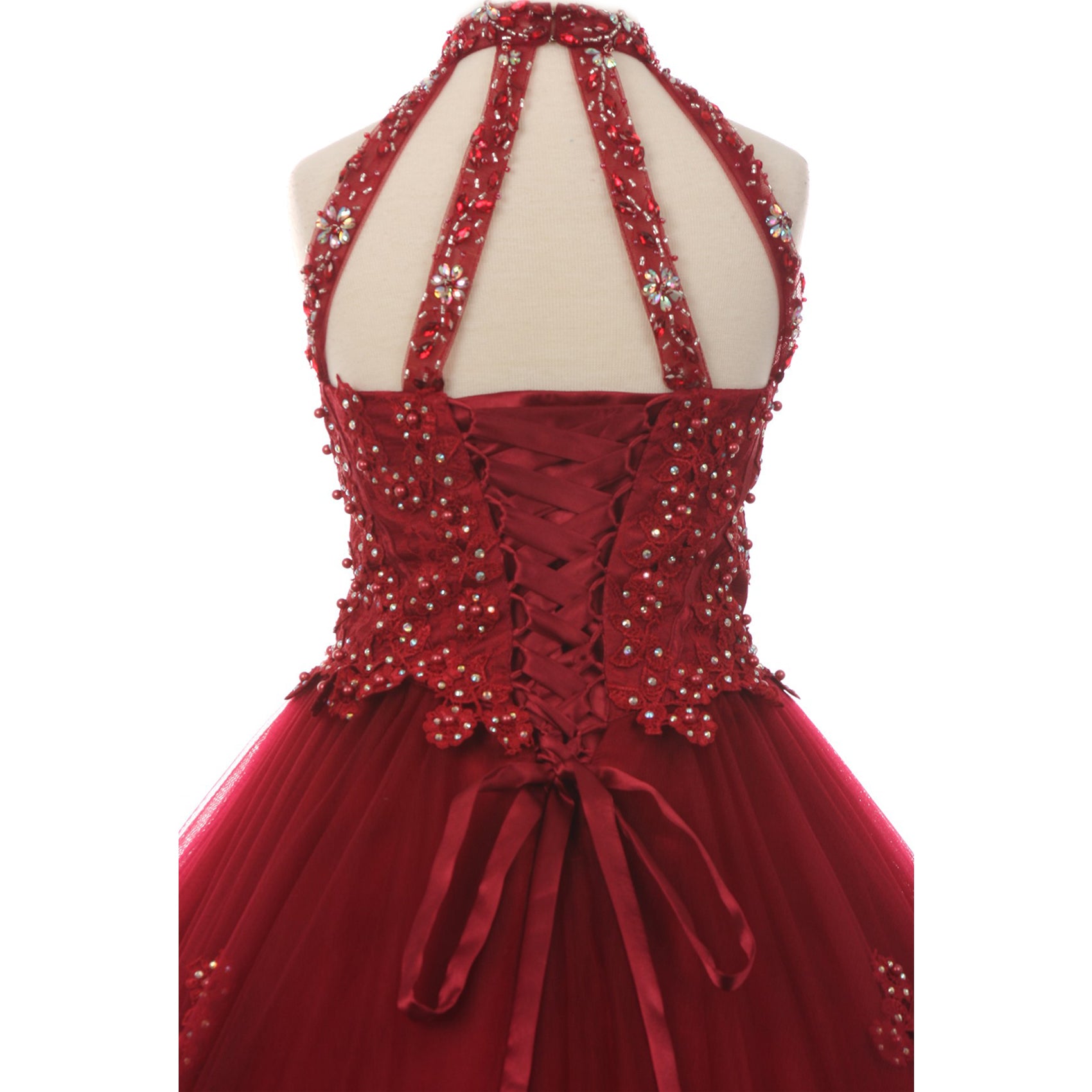 FULL LENGTH HALTER NECK DRESS WITH RHINESTONES AND PEARLS BODICE