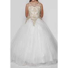 FULL LENGTH GOLD COILED TRIMMED BODICE ILLUSION BATEAU GIRL DRESS