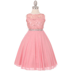 Sequin Lace Double Chiffon Sleeveless Rhinestone Belt Girls Dress