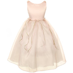 SATIN ORGANZA DRESS WITH FLOWER RIBBONS BROOCH ON WAISTLINE