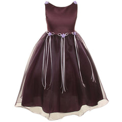 SATIN ORGANZA DRESS WITH FLOWER RIBBONS BROOCH ON WAISTLINE