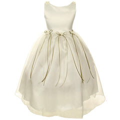 SATIN ORGANZA DRESS WITH FLOWER RIBBONS BROOCH ON WAISTLINE