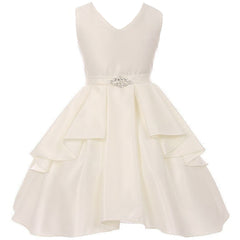 V-NECK SOLID DULL SATIN RUFFLE PLEATED OVERLAY GIRL DRESS