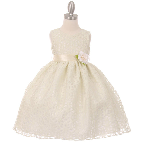 Embroidered Eyelet Lace with Satin Sash and Flower Pin Girl Dress