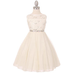 Sequin Lace Double Chiffon Sleeveless Rhinestone Belt Girls Dress