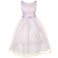 SATIN ORGANZA DRESS WITH FLOWER RIBBONS BROOCH ON WAISTLINE