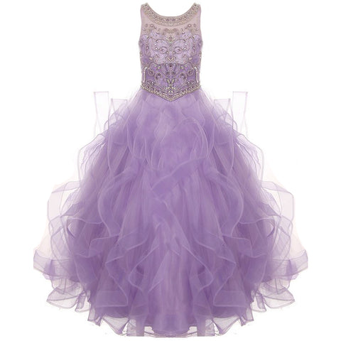 Glittery Lace Bodice Tiered-Lace Hem Tulle Skirt Girl Dress