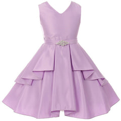 V-NECK SOLID DULL SATIN RUFFLE PLEATED OVERLAY GIRL DRESS