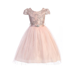 CAP SLEEVE SEQUINS LACE EMBROIDERY BODICE OVERLAY TULLE SKIRT