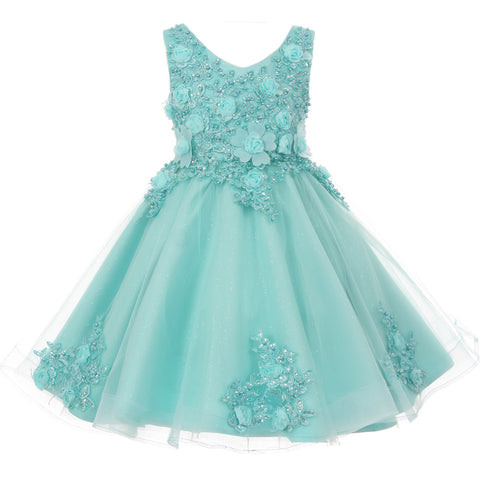 LACE BODICE TULLE SKIRT WITH PEARL BEADED RUFFLE TULLE WAIST FLOWER GIRL DRESS