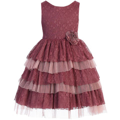 Tiered Layered Full Lace and Tulle with Waist Flower Pin Girl Dress
