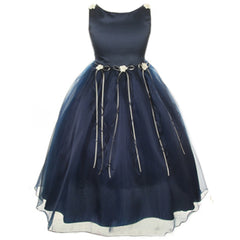 SATIN ORGANZA DRESS WITH FLOWER RIBBONS BROOCH ON WAISTLINE