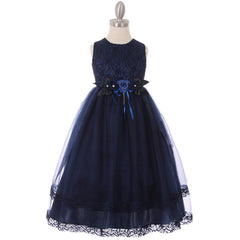 Glittery Lace Bodice Tiered-Lace Hem Tulle Skirt Girl Dress