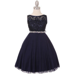 Sequin Lace Double Chiffon Sleeveless Rhinestone Belt Girls Dress