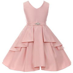 V-NECK SOLID DULL SATIN RUFFLE PLEATED OVERLAY GIRL DRESS