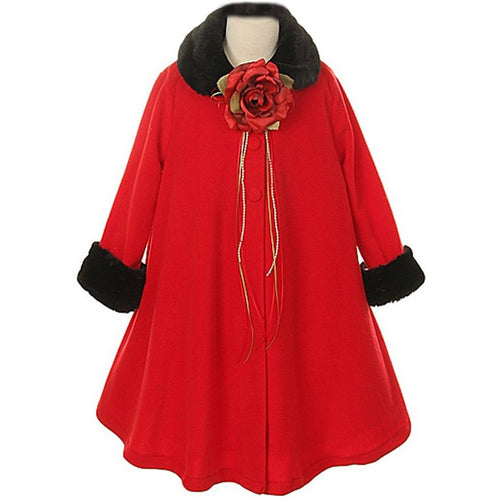 FUR TRIM FLEECE COAT WITH FLOWER CORSAGE AND RIBBONS