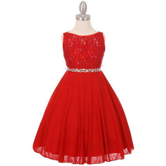 Sequin Lace Double Chiffon Sleeveless Rhinestone Belt Girls Dress