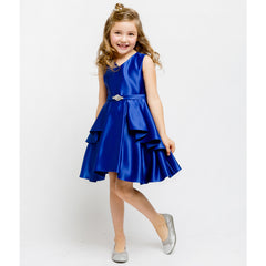 V-NECK SOLID DULL SATIN RUFFLE PLEATED OVERLAY GIRL DRESS