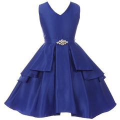 V-NECK SOLID DULL SATIN RUFFLE PLEATED OVERLAY GIRL DRESS