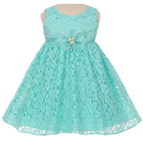 SLEEVELESS COMMUNION SATIN FLORAL LACE DRESS WITH MATCHING FLOWER BROOCH