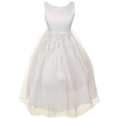 SATIN ORGANZA DRESS WITH FLOWER RIBBONS BROOCH ON WAISTLINE