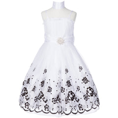 THIN STRAPS RUCHED BODICE SATIN WAISTBAND TWO TONE METALLIC FLORAL EMBROIDERY MESH OVERLAY GIRL DRESS