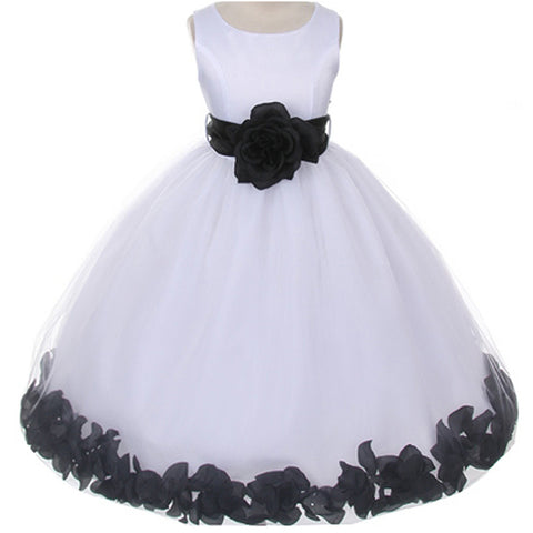SATIN BODICE WITH FLOATING FLOWER PETALS AND ORGANZA SASH