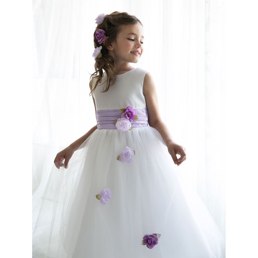 PLEATED WAIST WITH FLOATING CASCADING FLOWERS SATIN AND TULLE DRESS