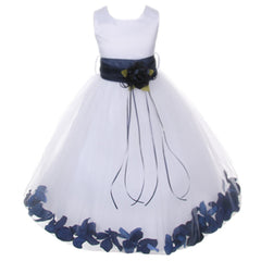 SATIN BODICE WITH FLOATING FLOWER PETALS MATCHING BROOCH AND ORGANZA SASH