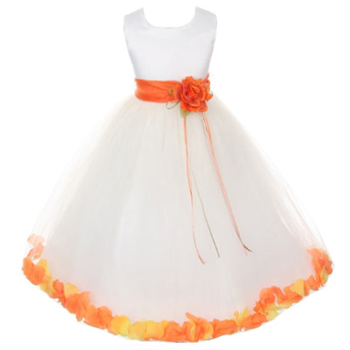 SATIN BODICE WITH FLOATING FLOWER PETALS MATCHING BROOCH AND ORGANZA SASH